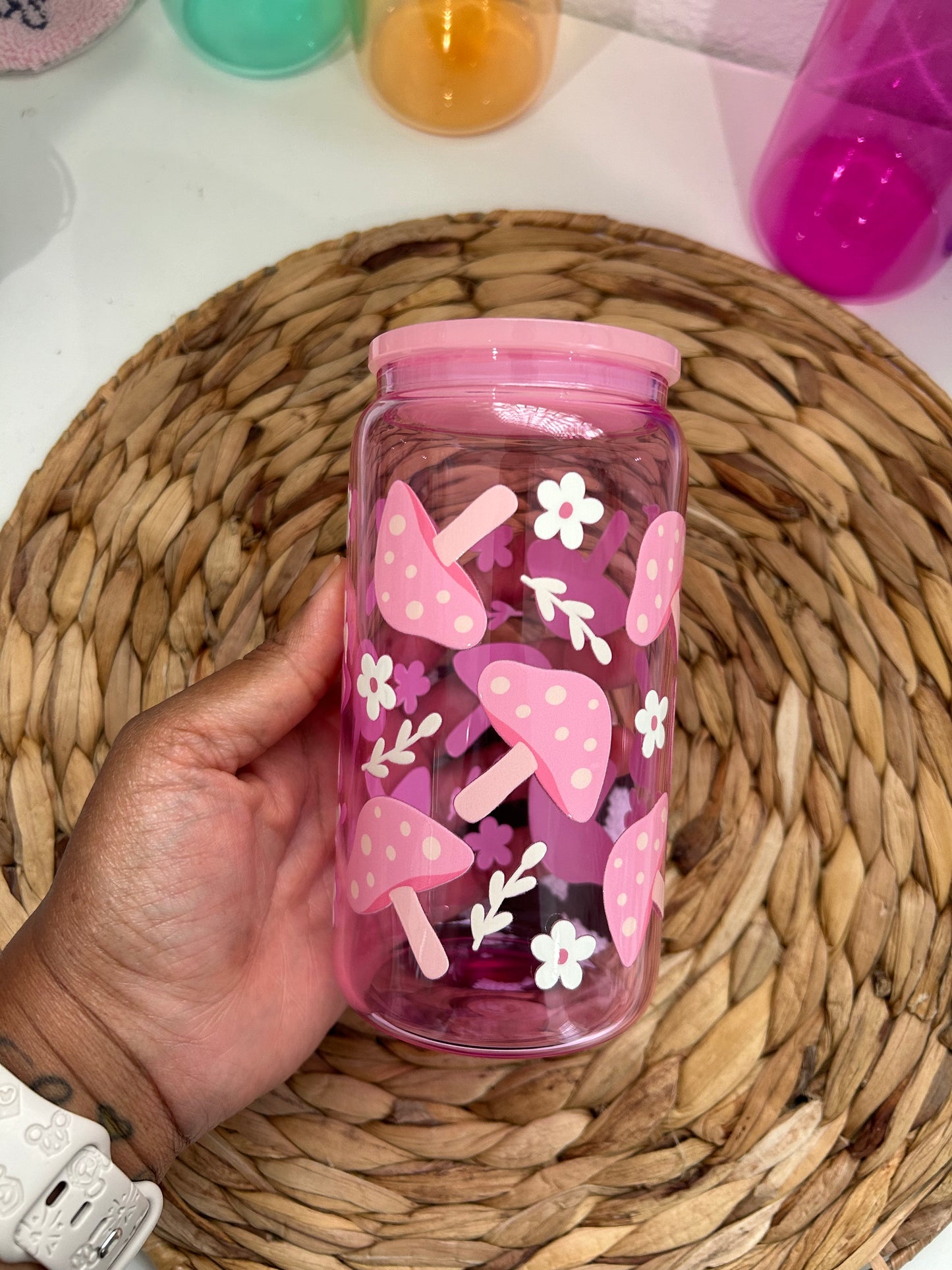 Pink Mushroom Glass Can