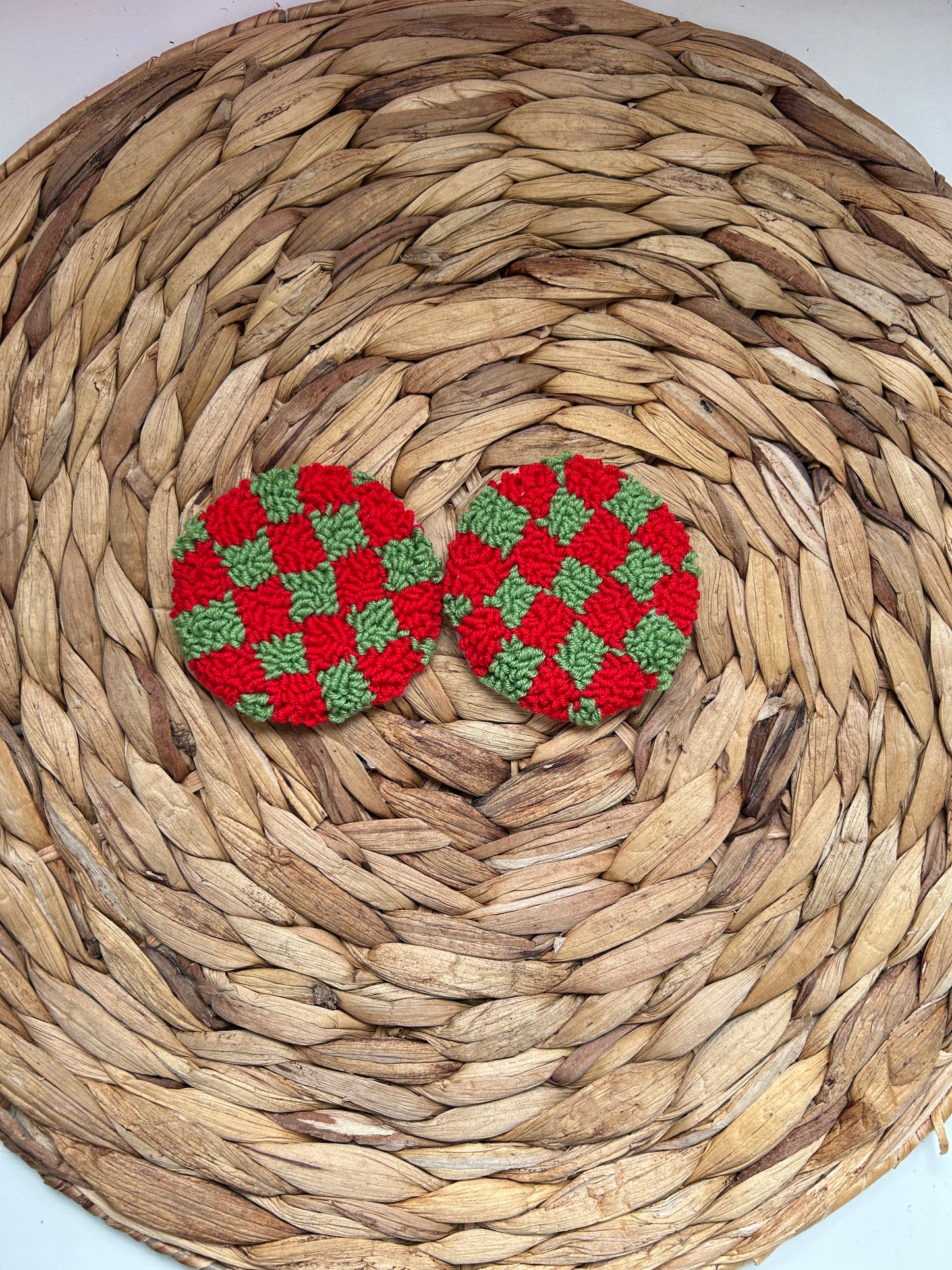 Christmas Retro Checkered  Punch Needle Car Coasters