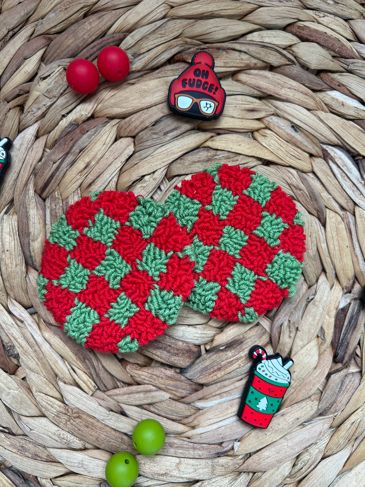 Christmas Retro Checkered  Punch Needle Car Coasters